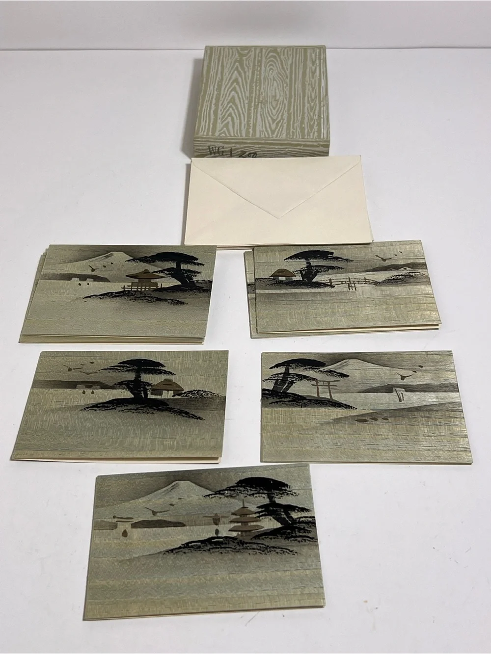 VTG Handpainted Japan Fujiyoshida Mountain Temple Pagoda Bamboo Wood Notecards